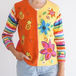 Vintage Arriviste Orange Yellow Knit Floral Pineapple Beaded Stripe Sweater M